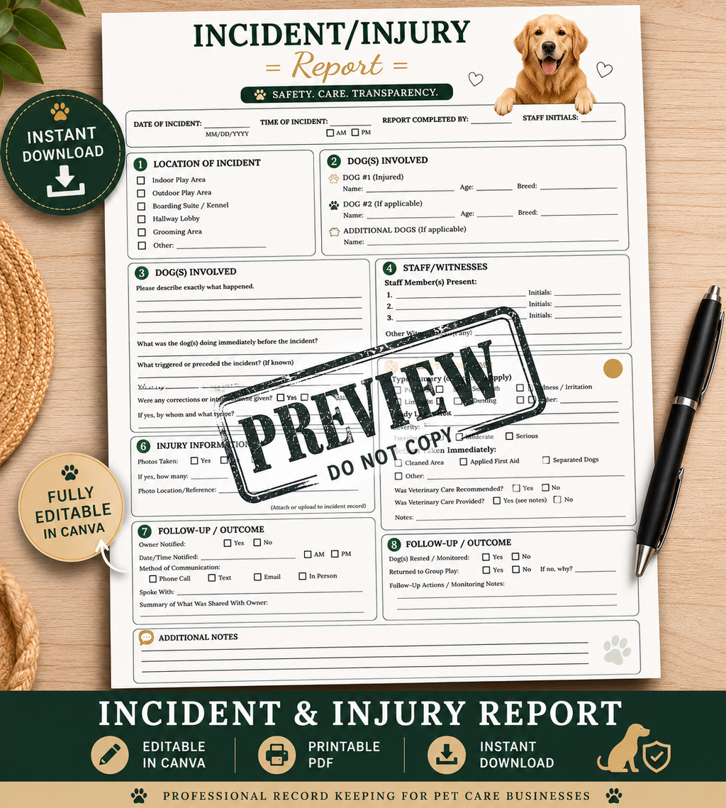 Dog Boarding & Daycare Communication Bundle | 10 Editable Canva Templates + Fillable PDFs