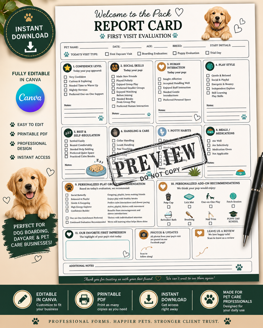 Dog Boarding & Daycare Communication Bundle | 10 Editable Canva Templates + Fillable PDFs
