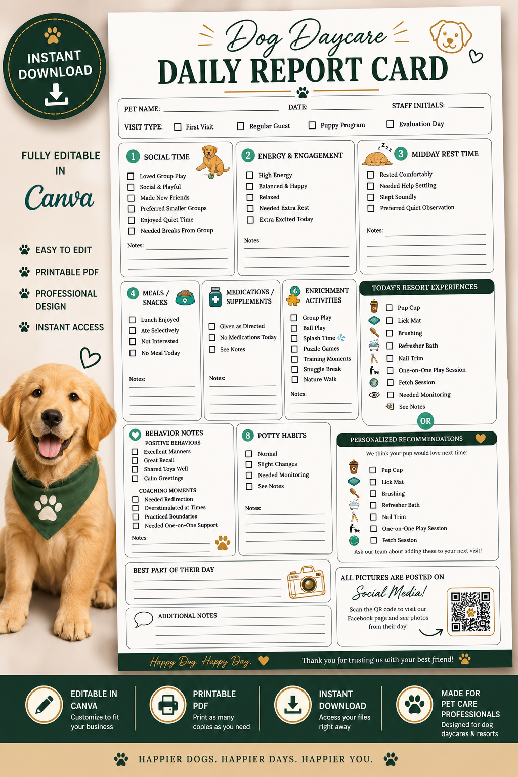 Dog Boarding & Daycare Communication Bundle | 10 Editable Canva Templates + Fillable PDFs