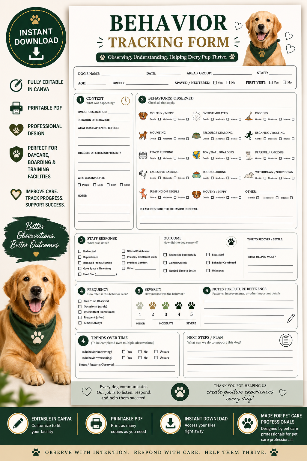 Behavior Tracking Form Template | Dog Daycare & Boarding Behavior Log