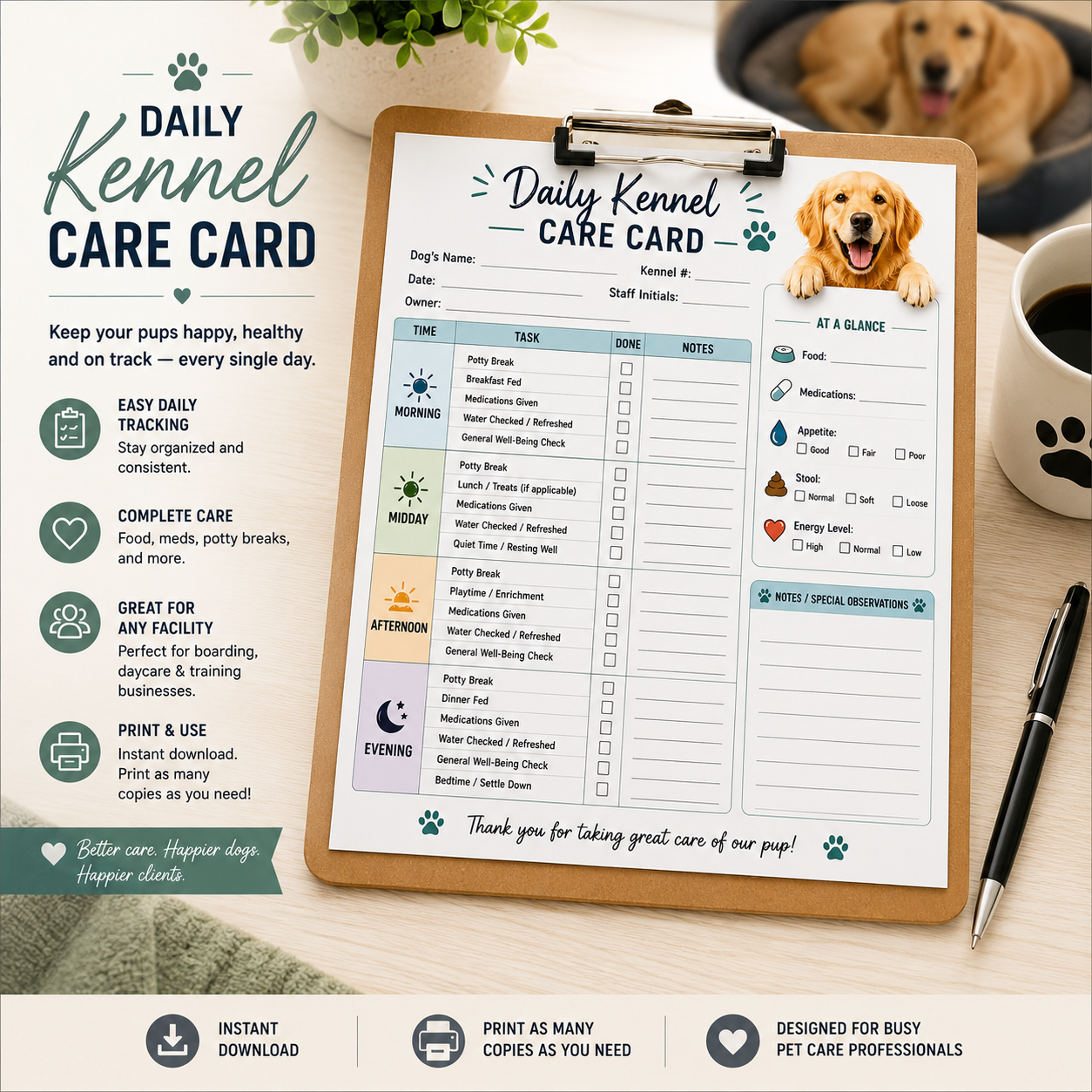 Daily Kennel Care Card Template | Printable Dog Boarding Care Tracker