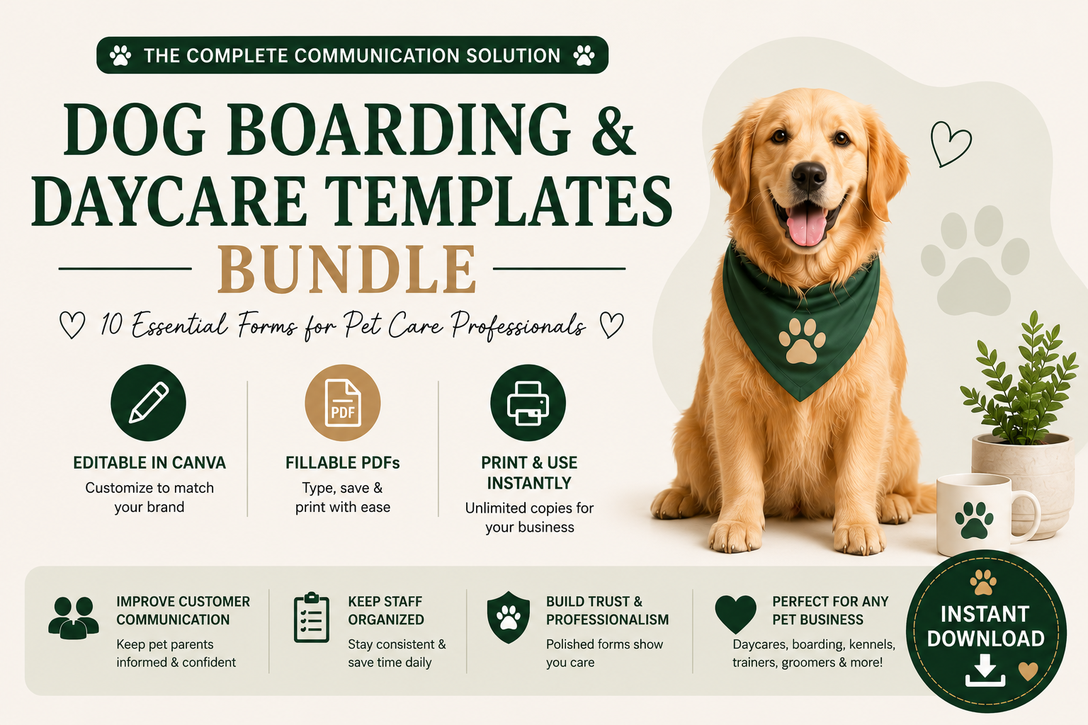 Dog Boarding & Daycare Communication Bundle | 10 Editable Canva Templates + Fillable PDFs