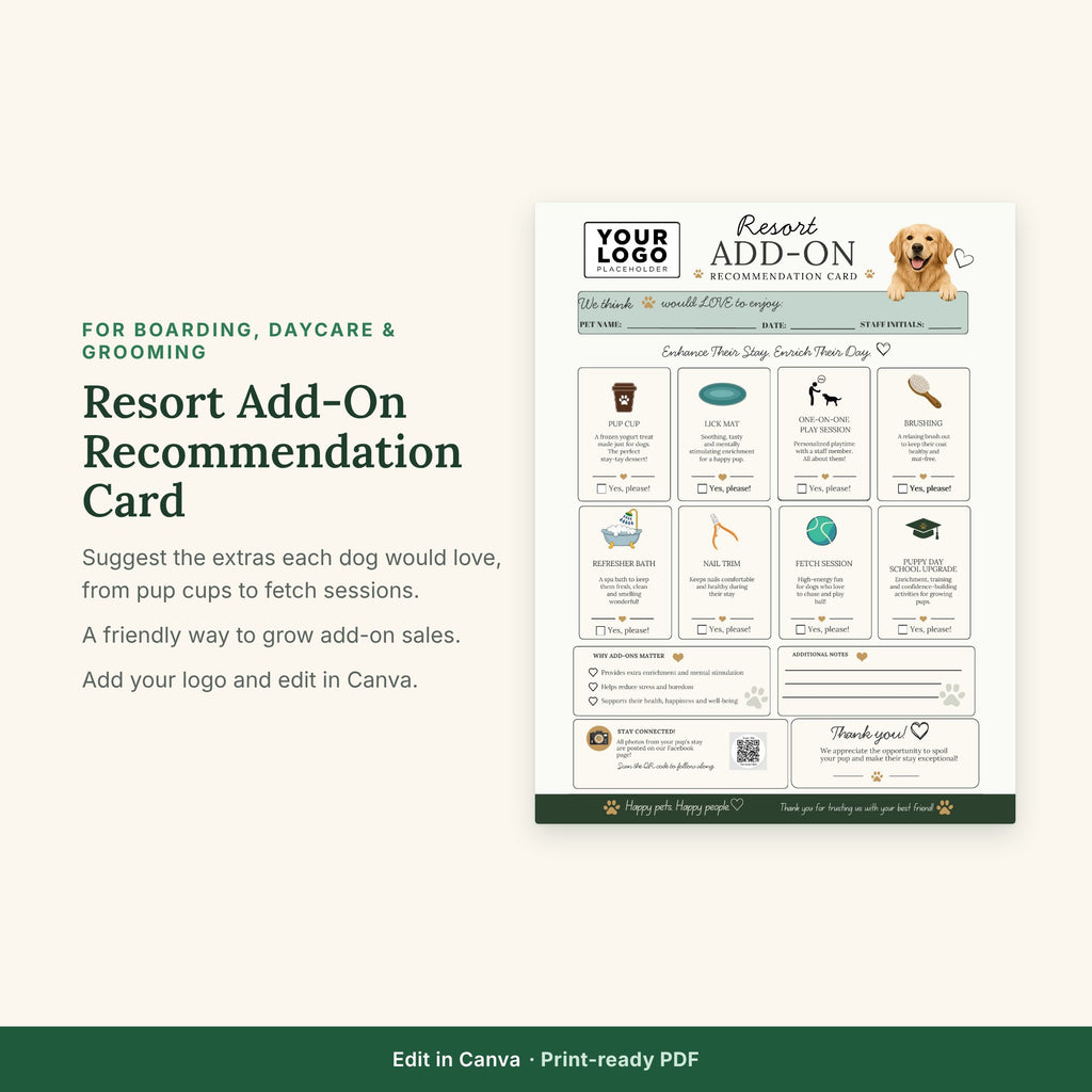 Resort Add-On Recommendation Card Template | Dog Boarding Upsell Form