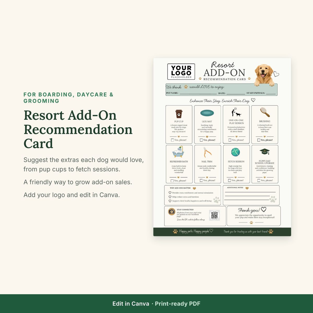 Resort Add-On Recommendation Card Template | Dog Boarding Upsell Form