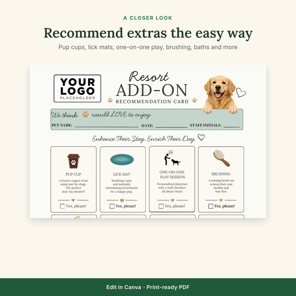 Resort Add-On Recommendation Card Template | Dog Boarding Upsell Form