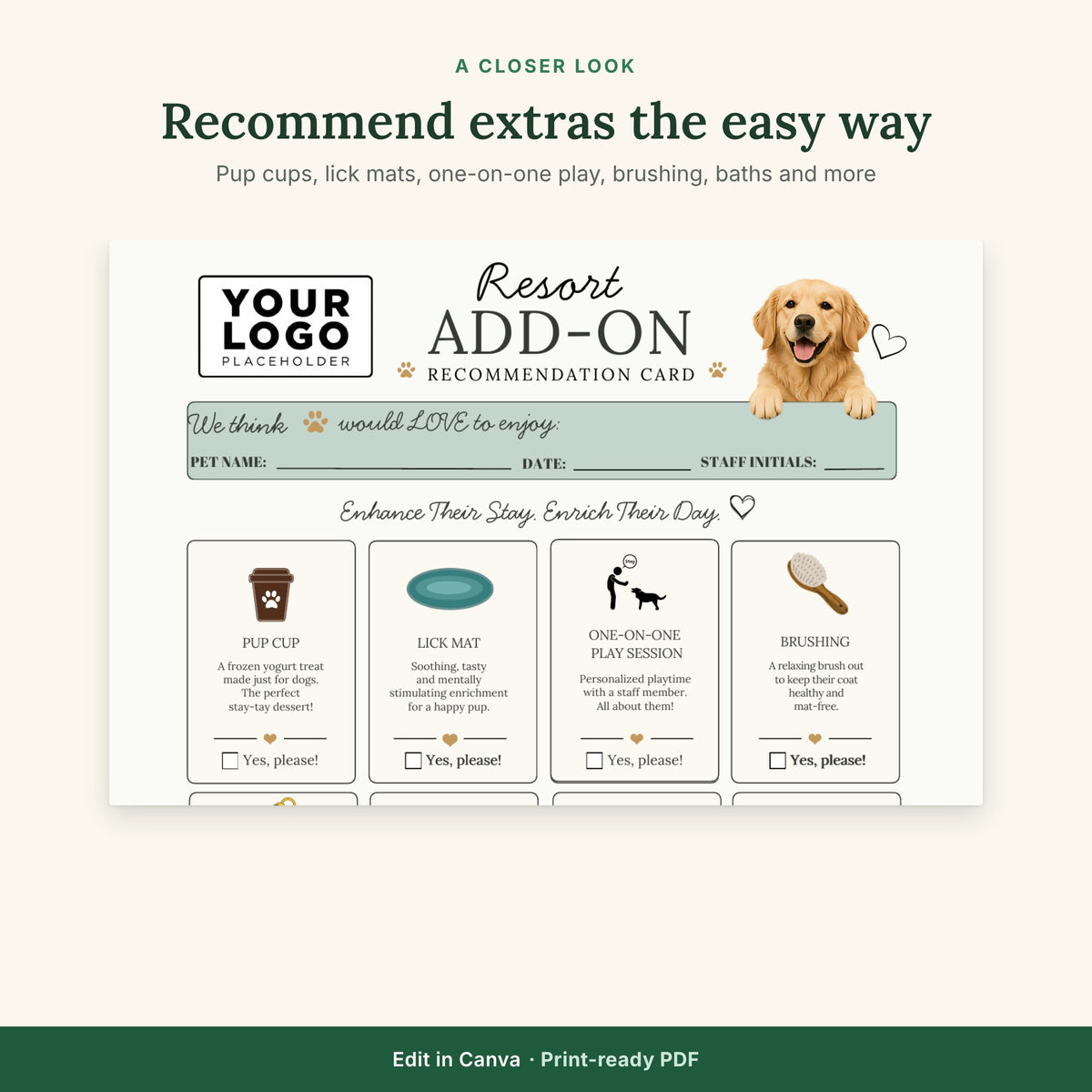 Resort Add-On Recommendation Card Template | Dog Boarding Upsell Form