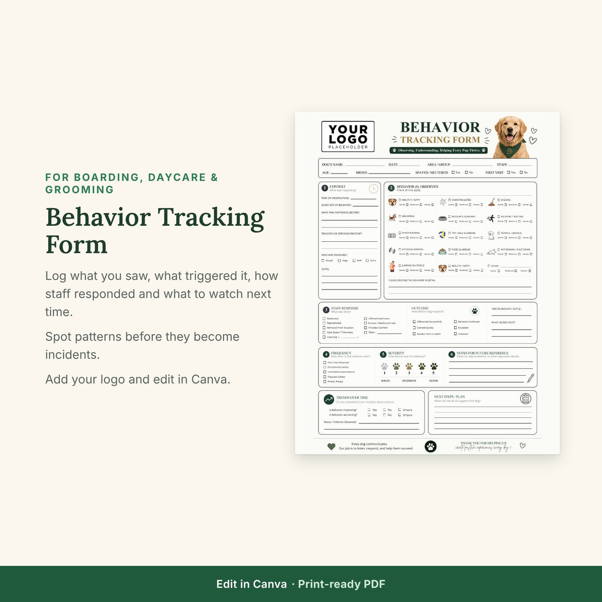 Behavior Tracking Form Template | Dog Daycare & Boarding Behavior Log