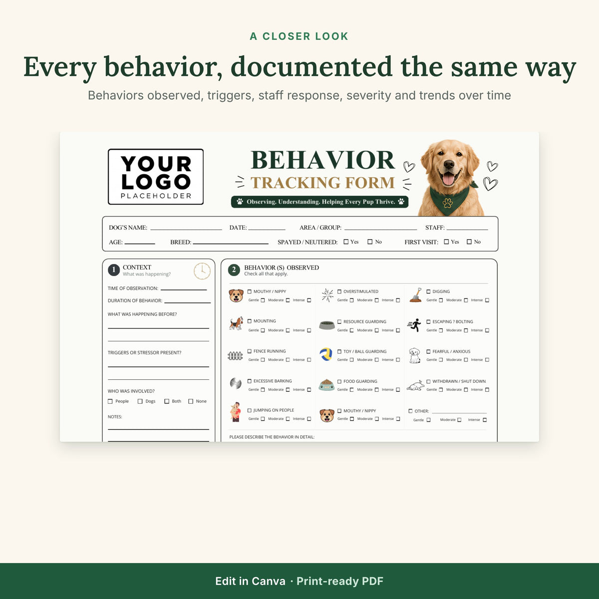 Behavior Tracking Form Template | Dog Daycare & Boarding Behavior Log