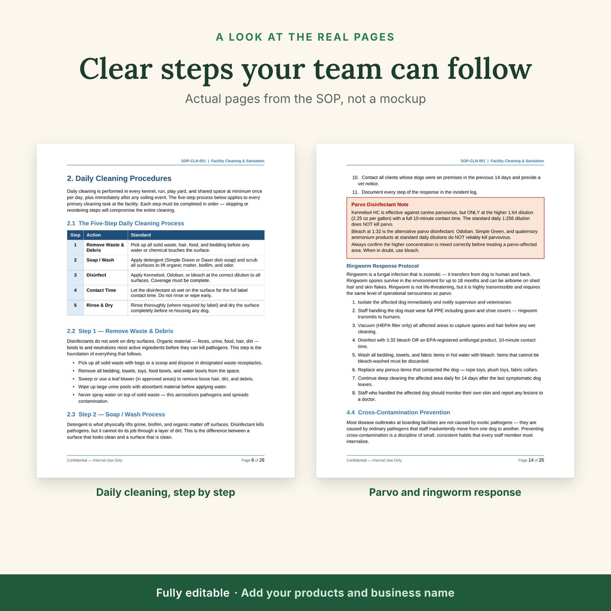 Real pages from the Cleaning SOP: daily cleaning and parvo response