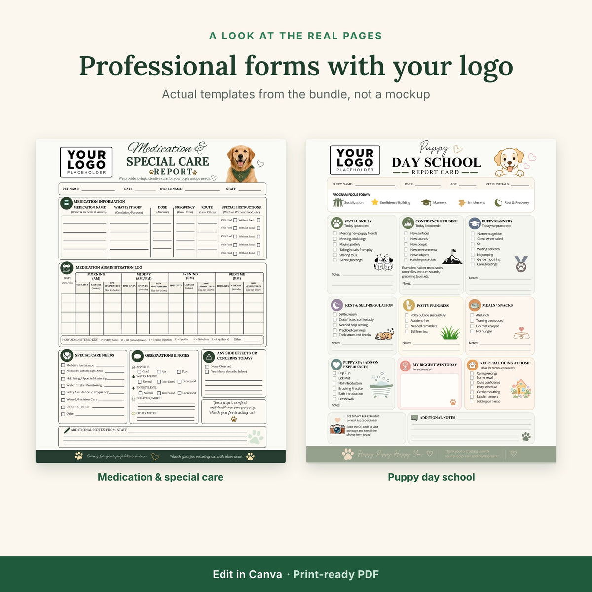 Dog Boarding & Daycare Communication Bundle | 10 Editable Canva Templates + Fillable PDFs