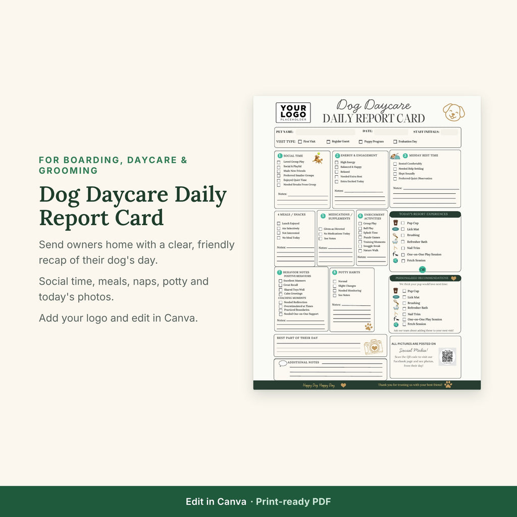 Dog Daycare Report Card Template | Doggy Daycare Daily Report Form