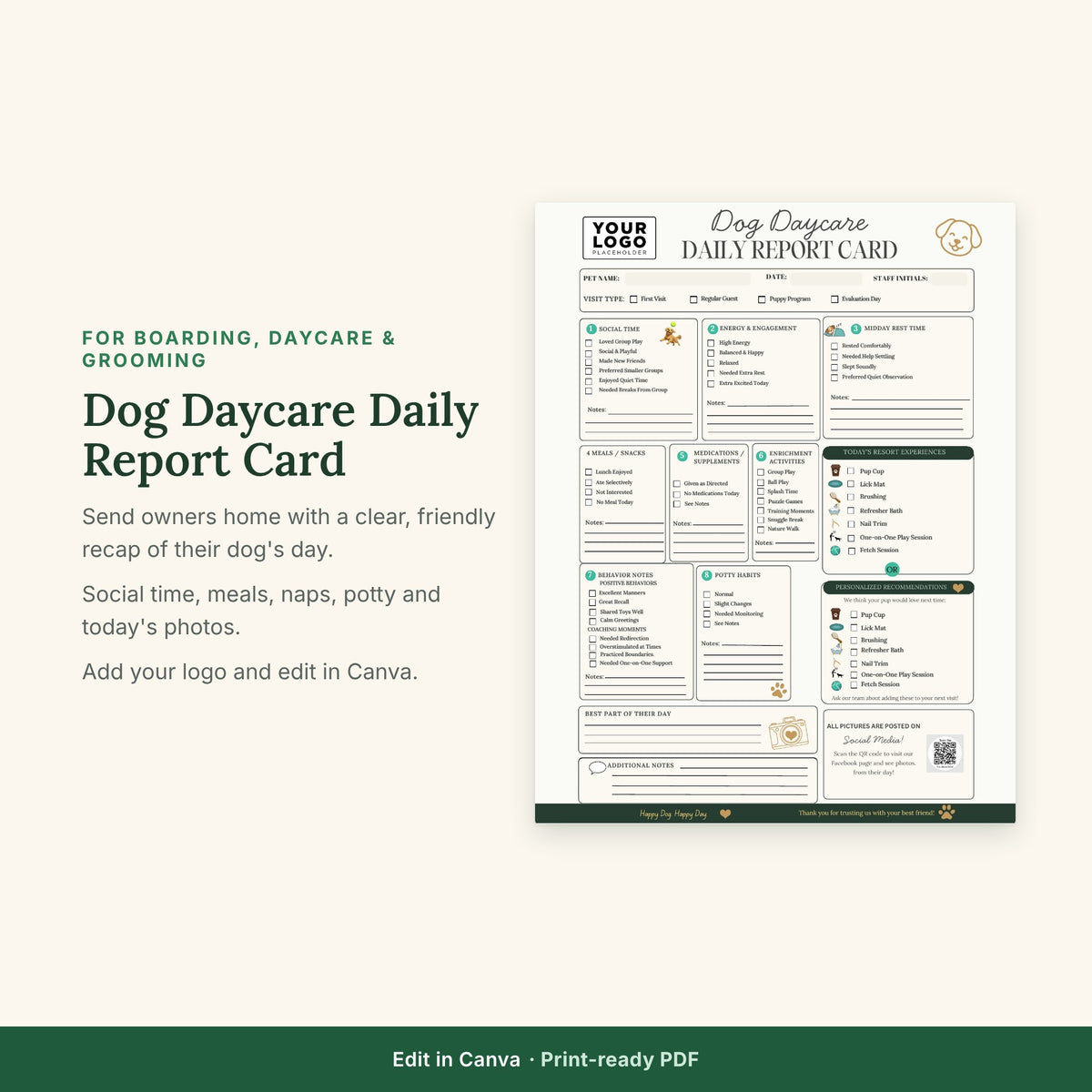 Dog Daycare Report Card Template | Doggy Daycare Daily Report Form