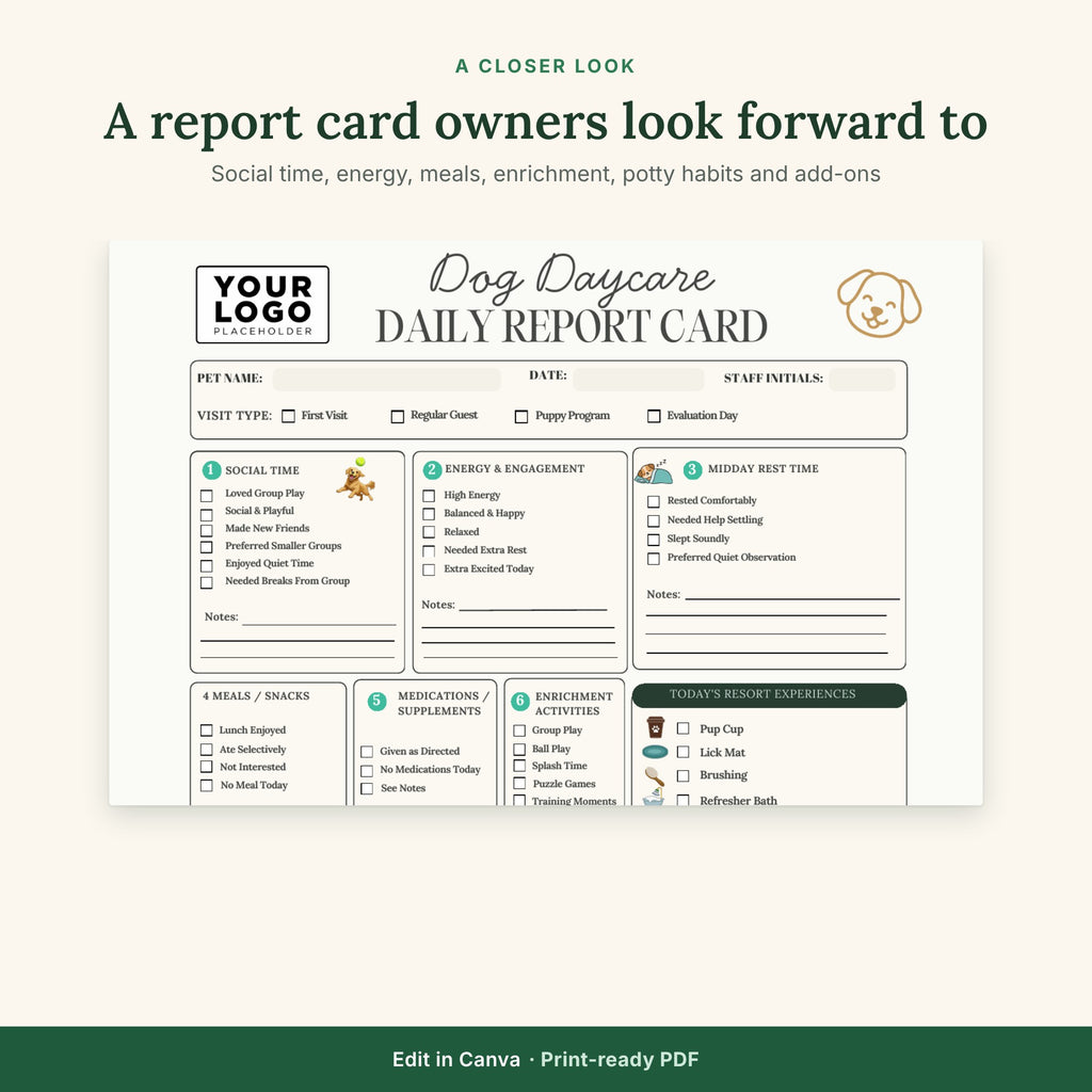 Dog Daycare Report Card Template | Doggy Daycare Daily Report Form
