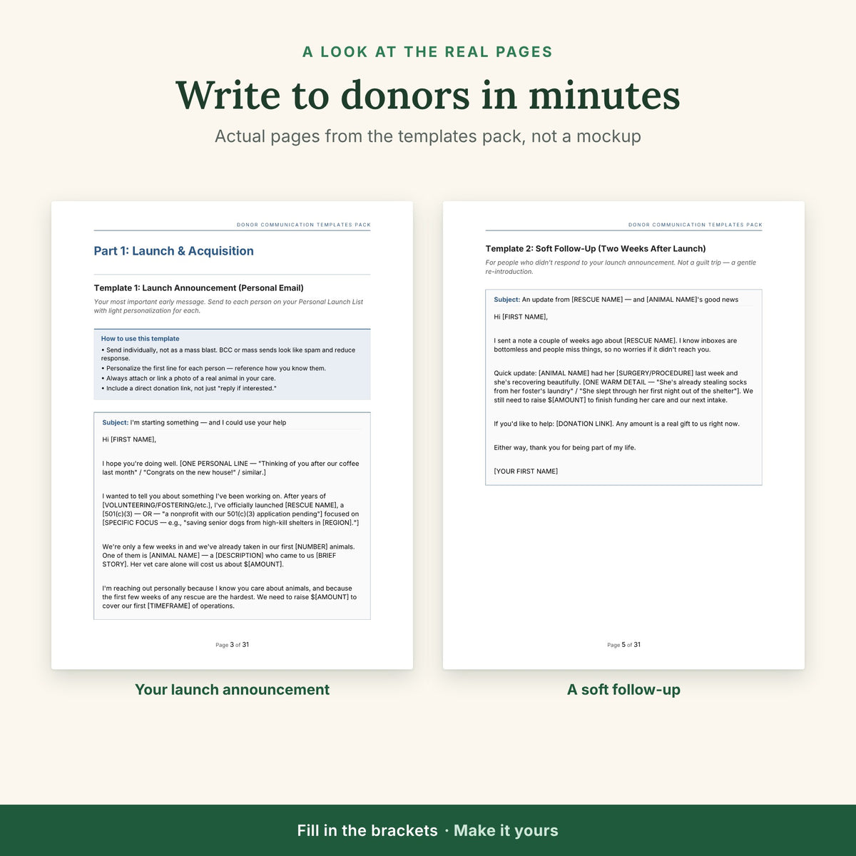 Real pages from the donor templates pack