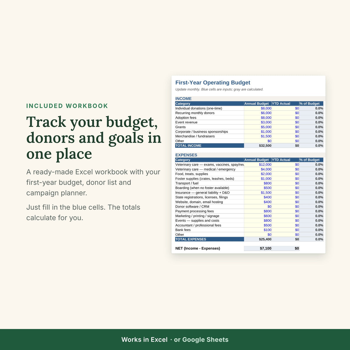 Fundraising planning workbook budget tab
