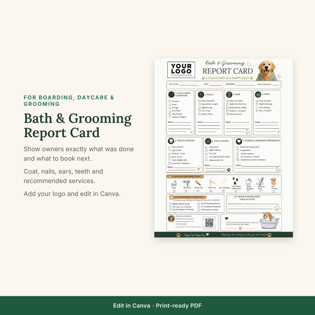 Dog Grooming Report Card Template | Groomer Client Communication Form