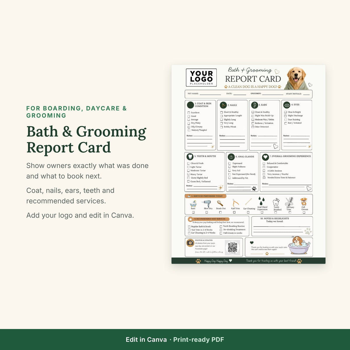 Dog Grooming Report Card Template | Groomer Client Communication Form