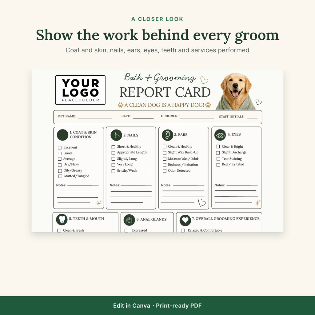 Dog Grooming Report Card Template | Groomer Client Communication Form