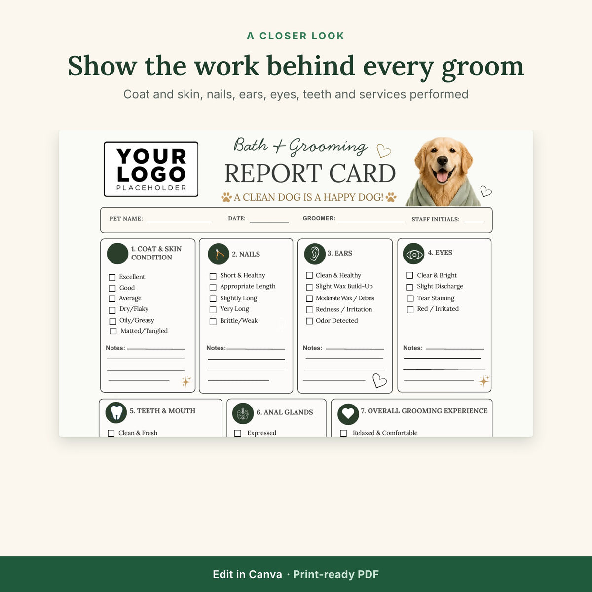 Dog Grooming Report Card Template | Groomer Client Communication Form