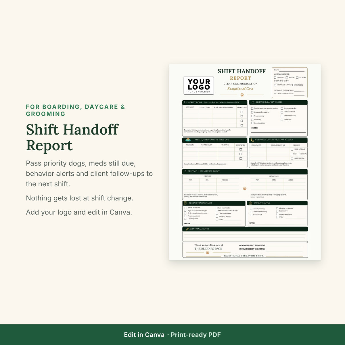 Shift Handoff Report Template | Dog Boarding & Daycare Communication Form