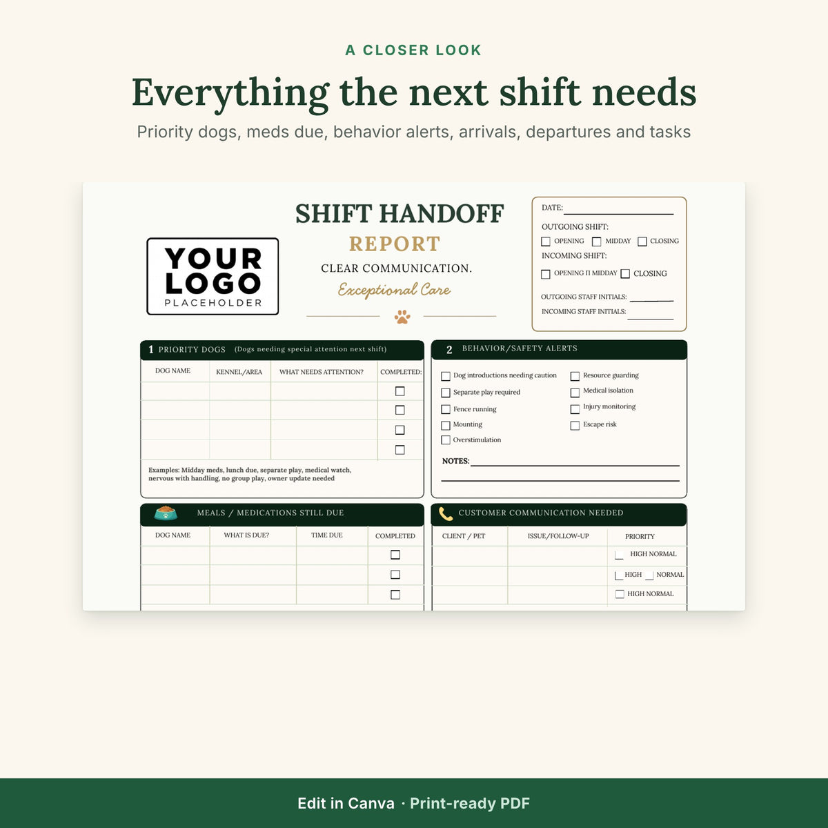 Shift Handoff Report Template | Dog Boarding & Daycare Communication Form