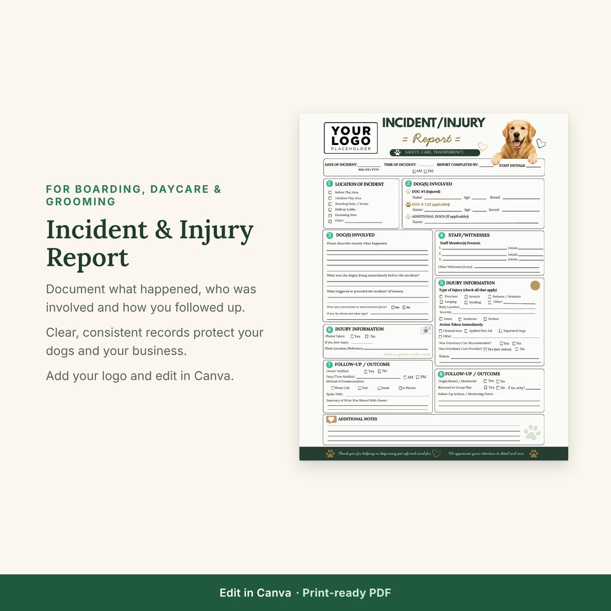 Incident & Injury Report Template | Dog Boarding Incident Form