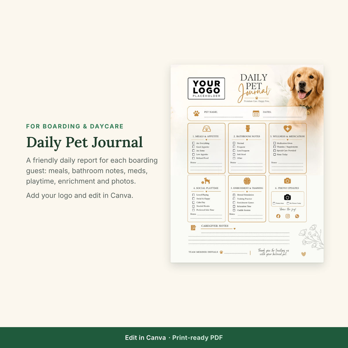 Daily Pet Journal™ | Boarding Report Card Template Bundle