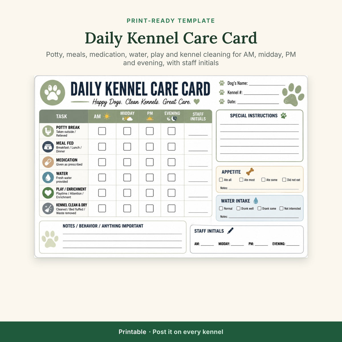 Daily Kennel Care Card Template | Printable Dog Boarding Care Tracker