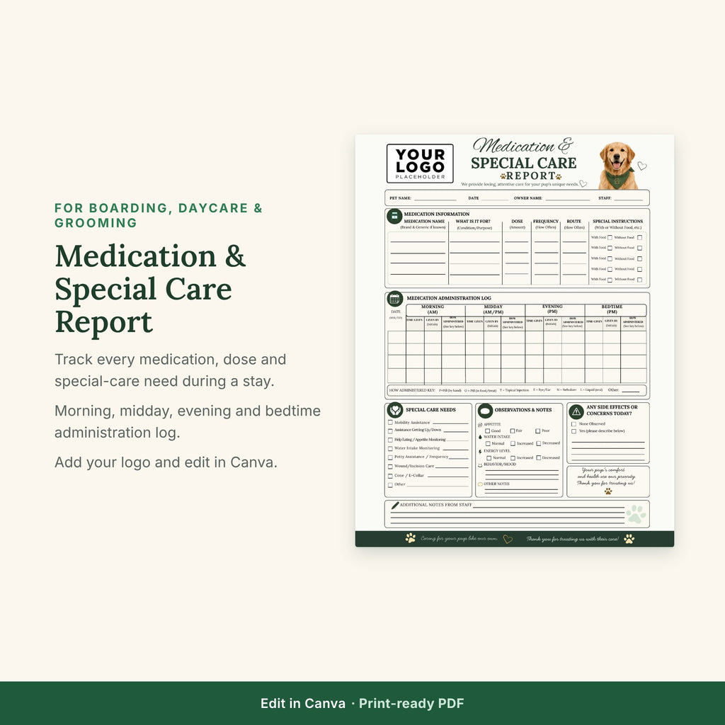 Medication & Special Care Report Template | Dog Boarding Medication Log