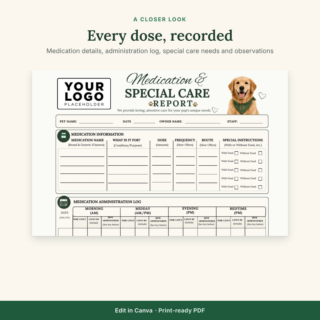 Medication & Special Care Report Template | Dog Boarding Medication Log