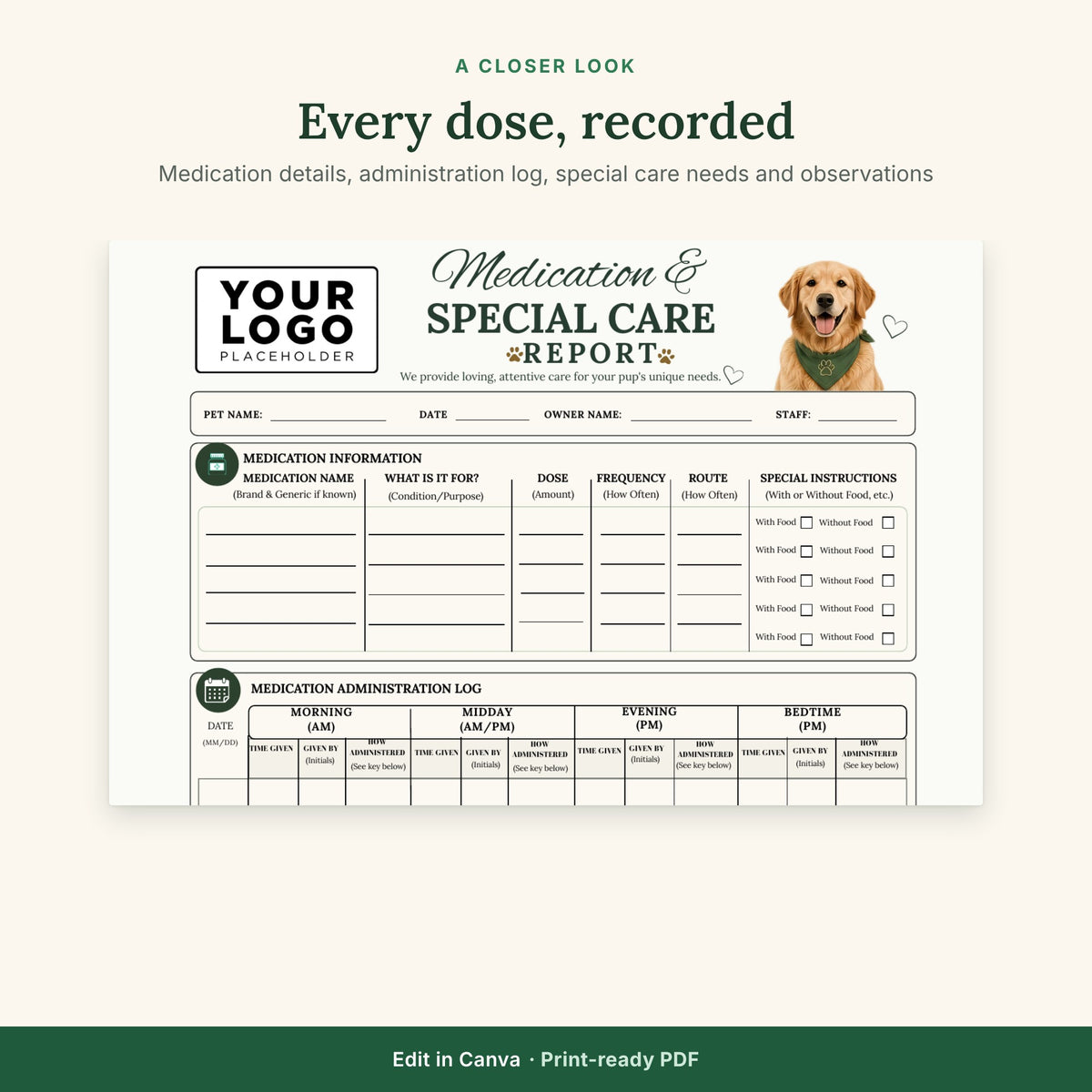 Medication & Special Care Report Template | Dog Boarding Medication Log