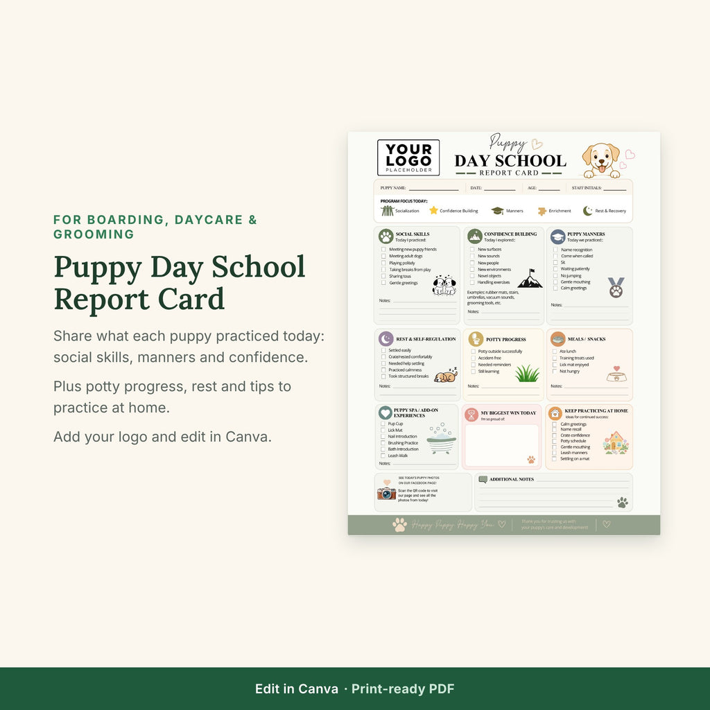 Puppy Day School Report Card Template | Puppy Training & Enrichment Daily Report
