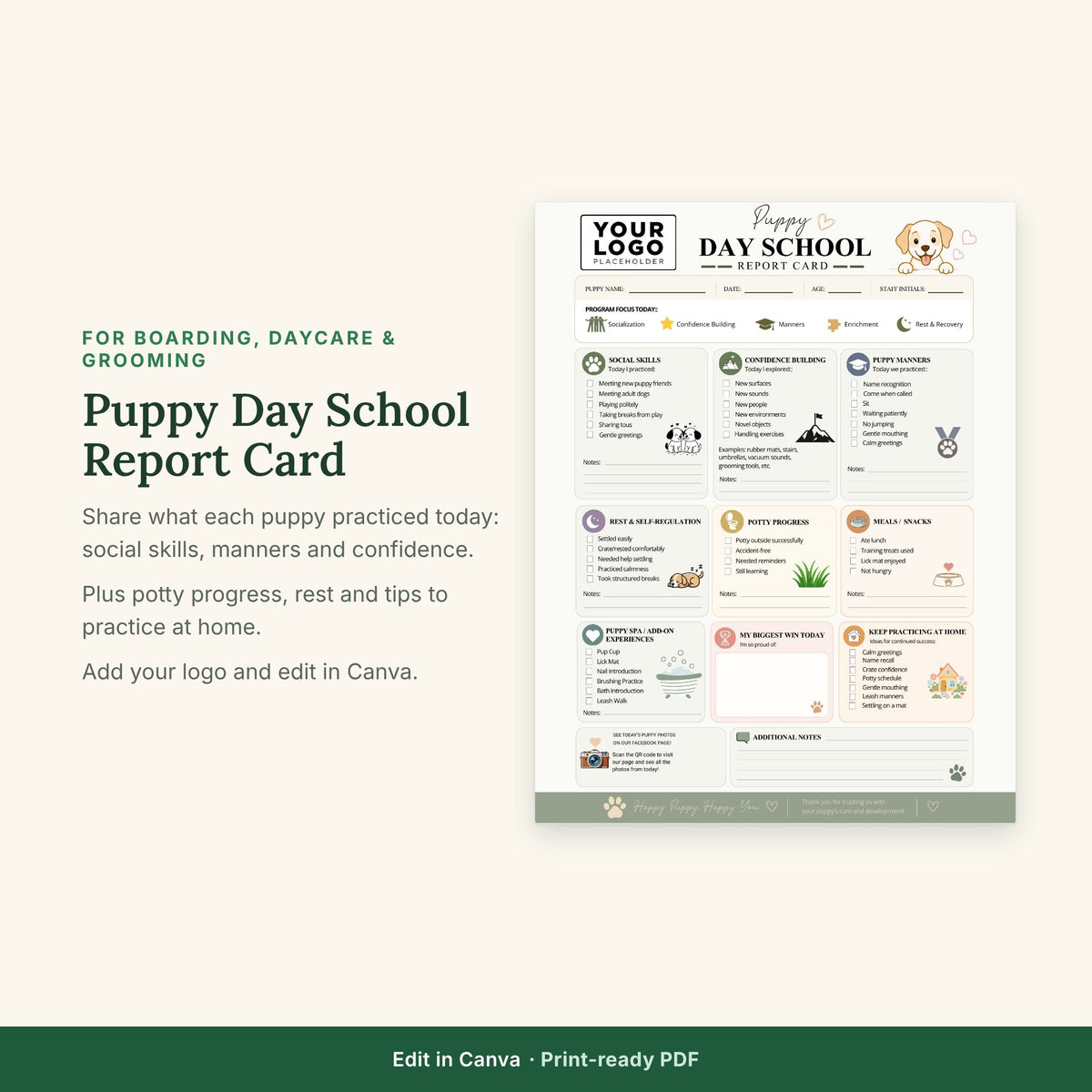 Puppy Day School Report Card Template | Puppy Training & Enrichment Daily Report