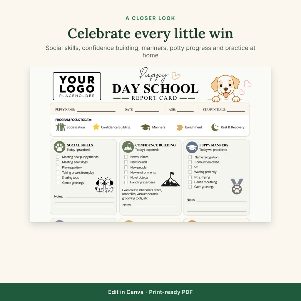 Puppy Day School Report Card Template | Puppy Training & Enrichment Daily Report