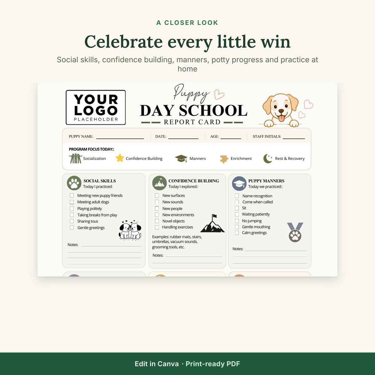 Puppy Day School Report Card Template | Puppy Training & Enrichment Daily Report