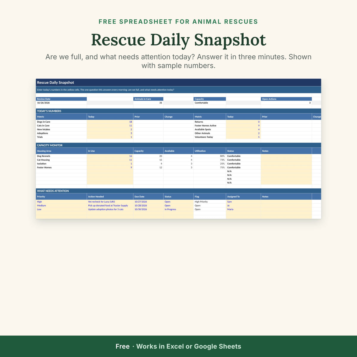 Free Rescue Daily Snapshot — Capacity & Intake Tracker for Animal Rescues