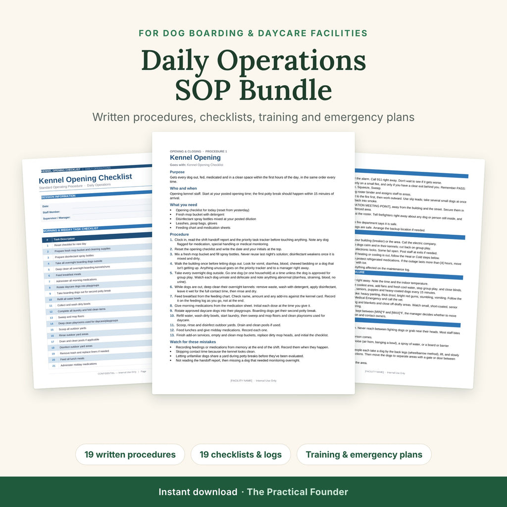 Dog Boarding and Daycare SOP Bundle: written procedures, checklists, training and emergency plans