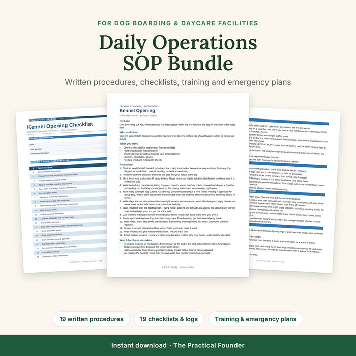 Dog Boarding and Daycare SOP Bundle: written procedures, checklists, training and emergency plans