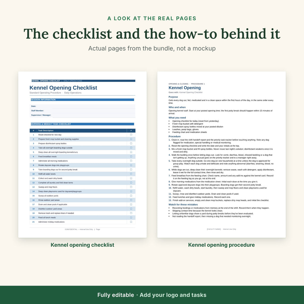 Kennel opening checklist and the written kennel opening procedure