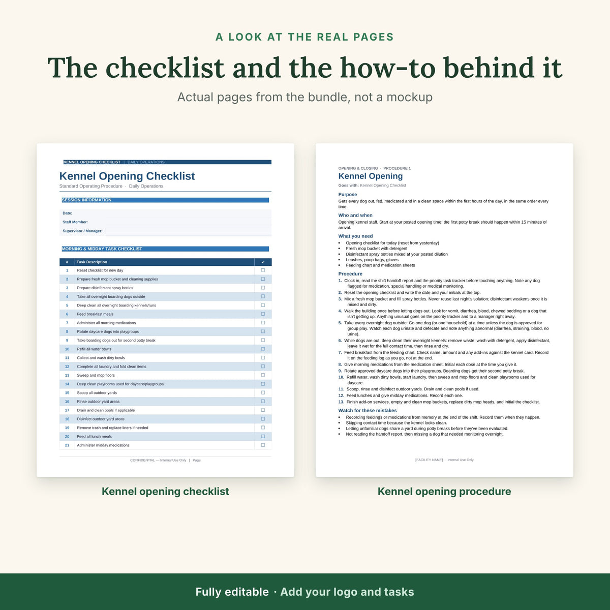 Kennel opening checklist and the written kennel opening procedure