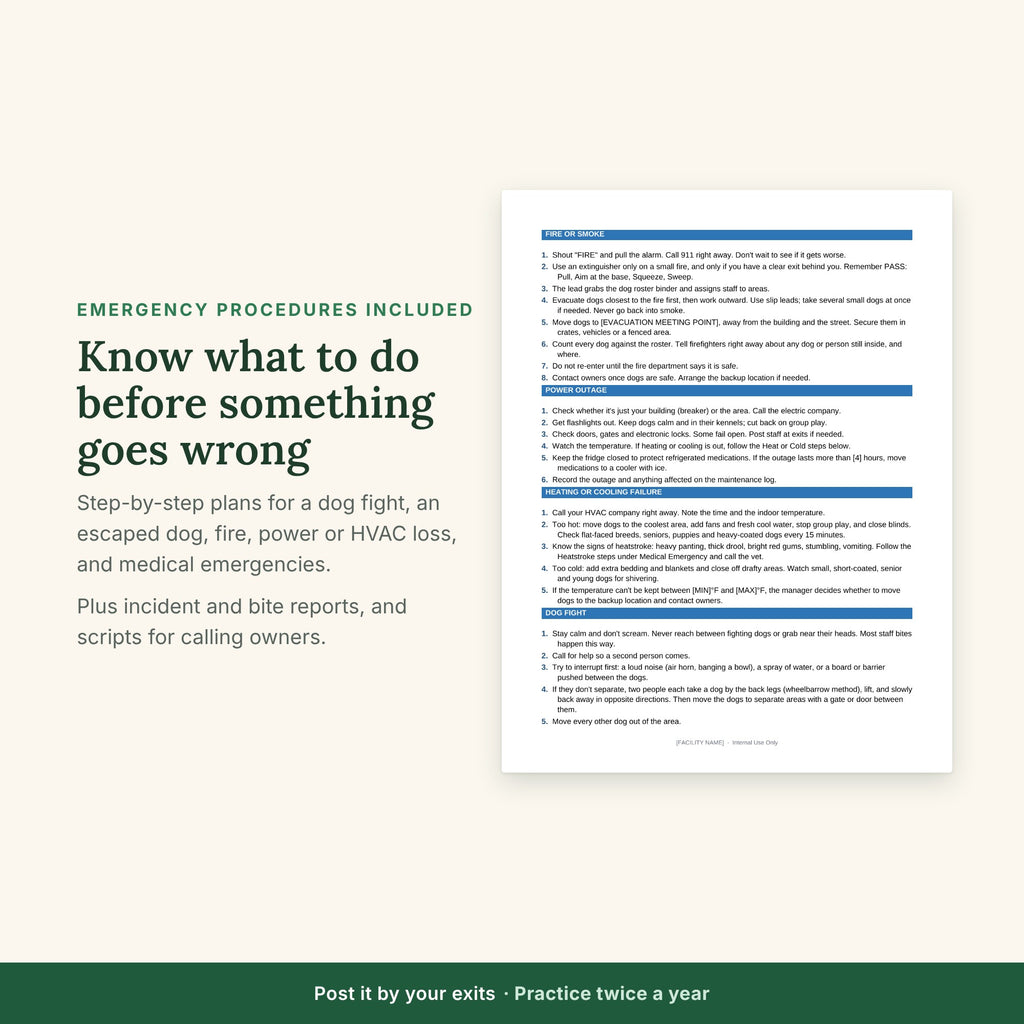 Emergency procedures page: fire, power outage, heating or cooling failure and dog fight