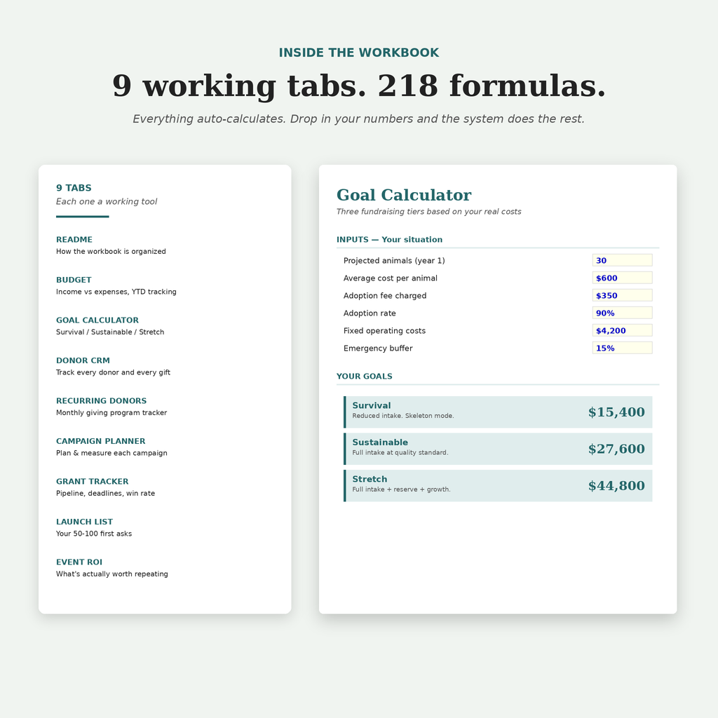 Fundraising Planning Workbook for Animal Rescues | Excel Budget, Donor CRM & Goal Calculator